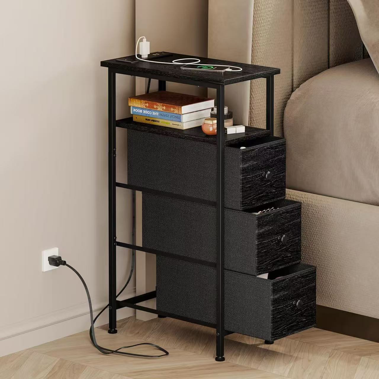 Custom Explosive Narrow Side Bedside Cabinet with Charging Station, Small Bedside Cabinet with Three Fabric Drawers