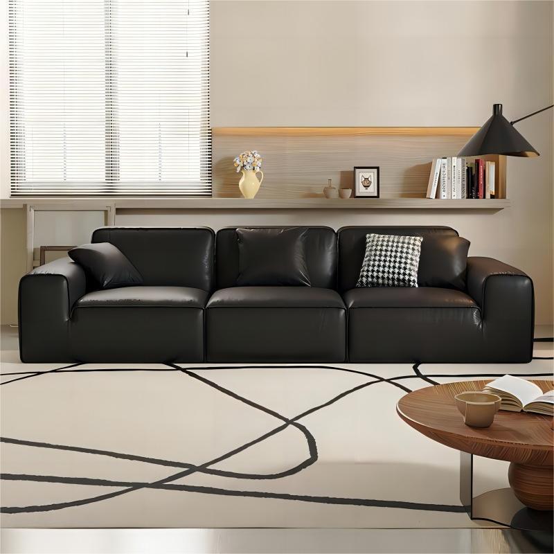 Italian Minimalist Black Cowhide Leather Sofa for Living Room, Black High-End Straight-Row First-Layer Cowhide Leather Art Sofa Set