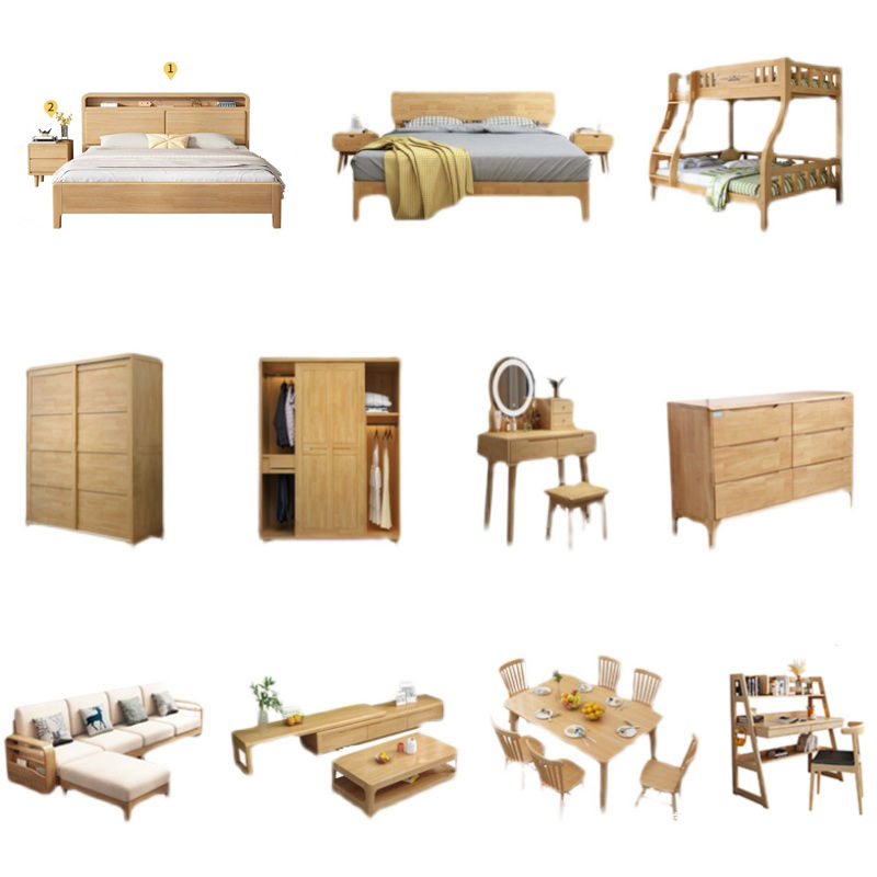 Three Bedroom and Two Living Room Furniture Bedroom Bed Style Home Private Solid Wood Wardrobe Complete Set Scandinavian Two-room Complete Set Whole House
