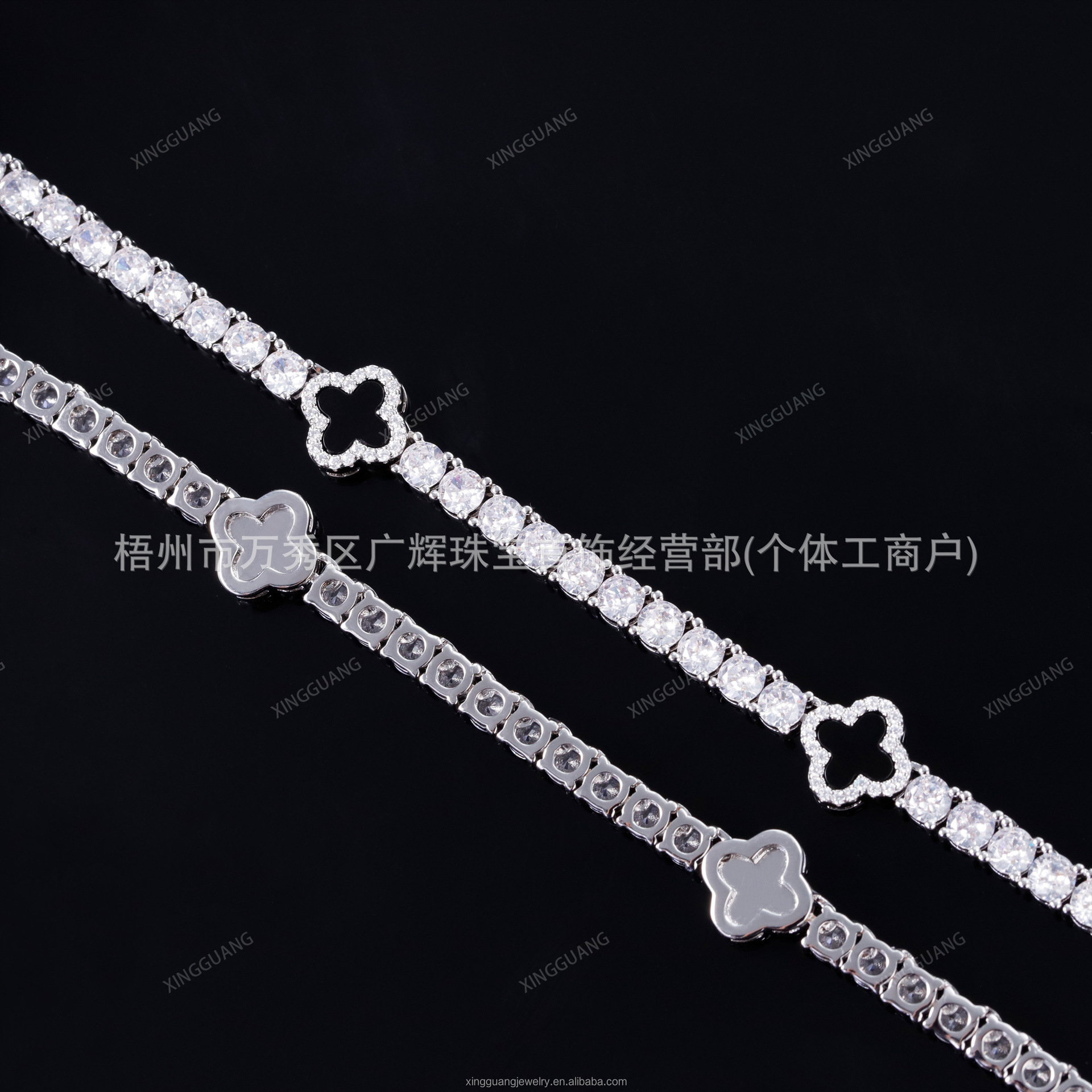 Cross-Border 925 Silver Vvs Moissanite Bracelet Black Agate Four-Leaf Hip Hop Fashion Bracelet