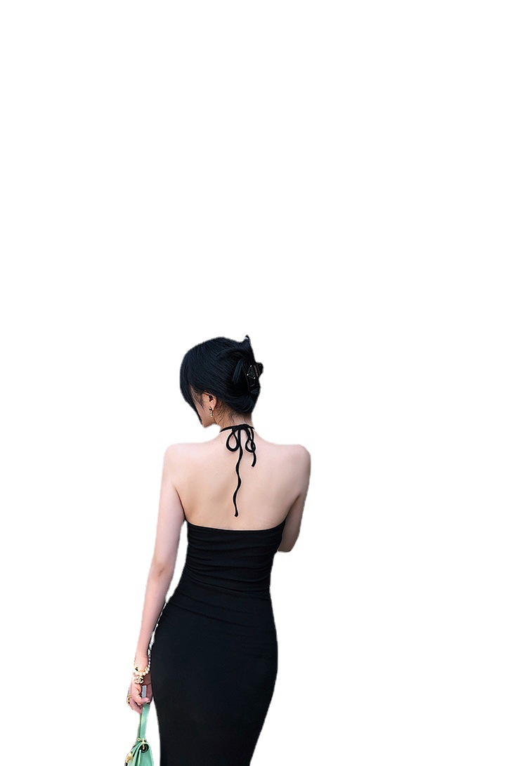 618# black neck sexy off-the-shoulder dress slim waist hip long dress black skirt