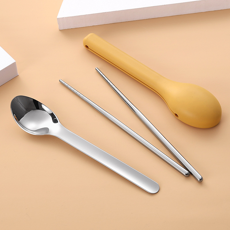 Creative silicone case 304 stainless steel portable tableware suit outdoor camping tableware travel knife fork spoon suit