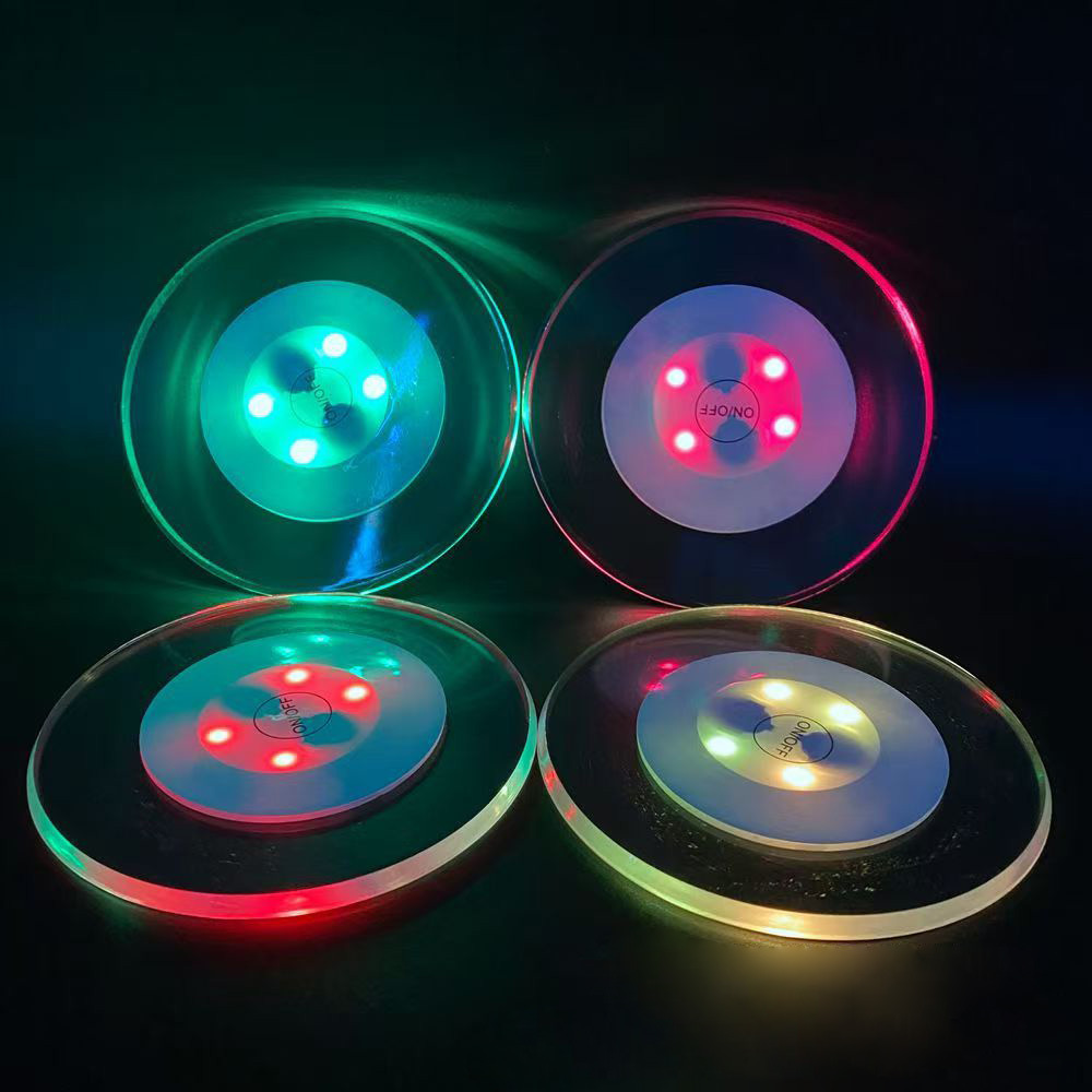 Colorful led acrylic luminous coaster ktv bar night atmosphere transparent luminous coaster flash cup stickers wholesale