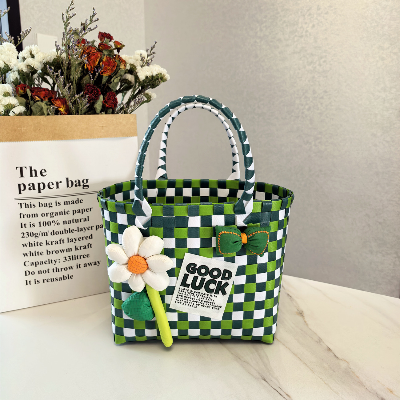 New Spring outing picnic bag portable plastic woven bag large capacity woven bag cute pink style fresh color matching check