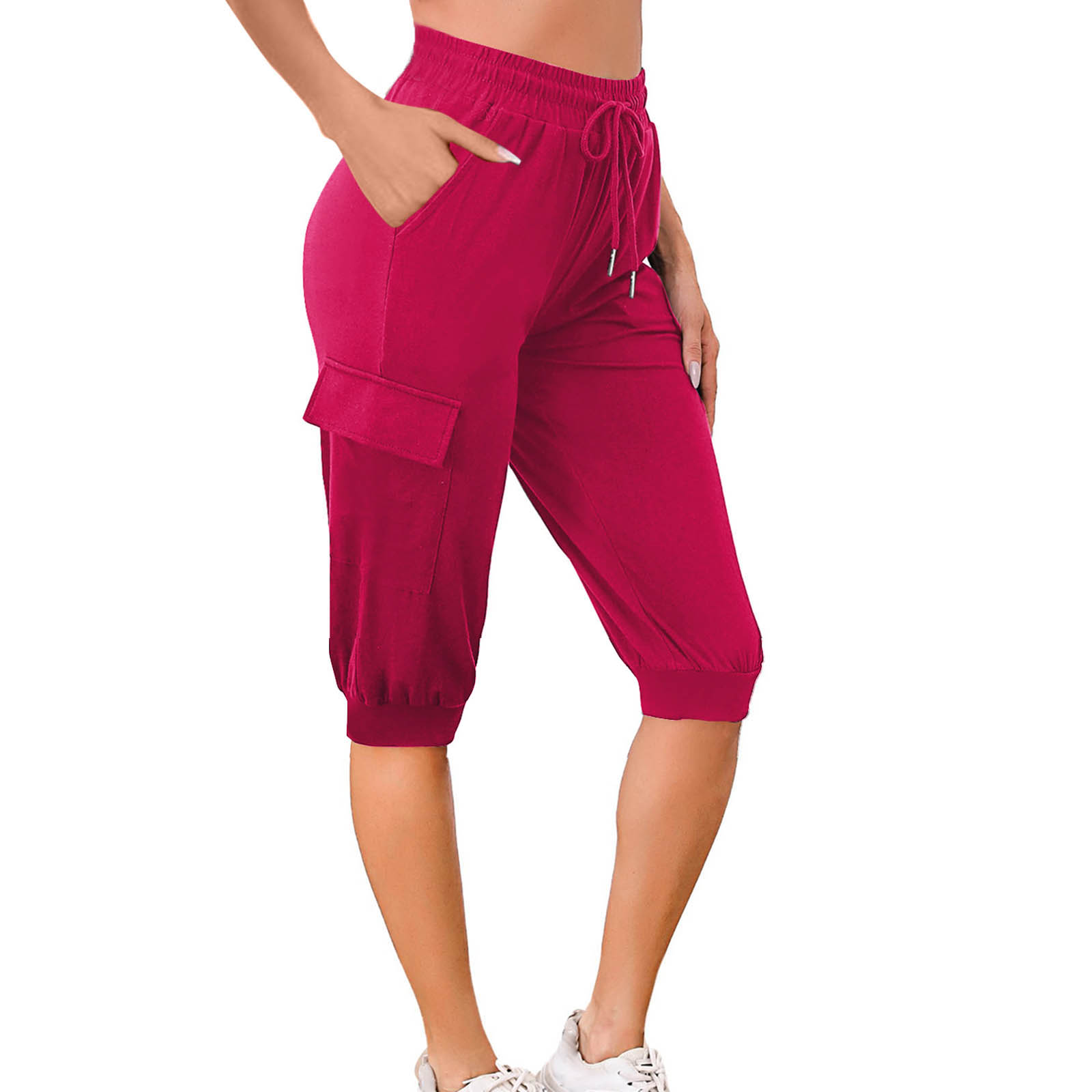 in stock 2024 Summer Cross-border European and American Seven-point Casual Tight High Waist Rope Multi-bag Sports Short-sleeved Yoga Pants
