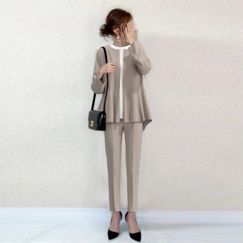 in stock Good Fabric Cross-border Best Selling Suit suit 2024 Autumn Crewneck Stitching Hem Pants Dress suit Women