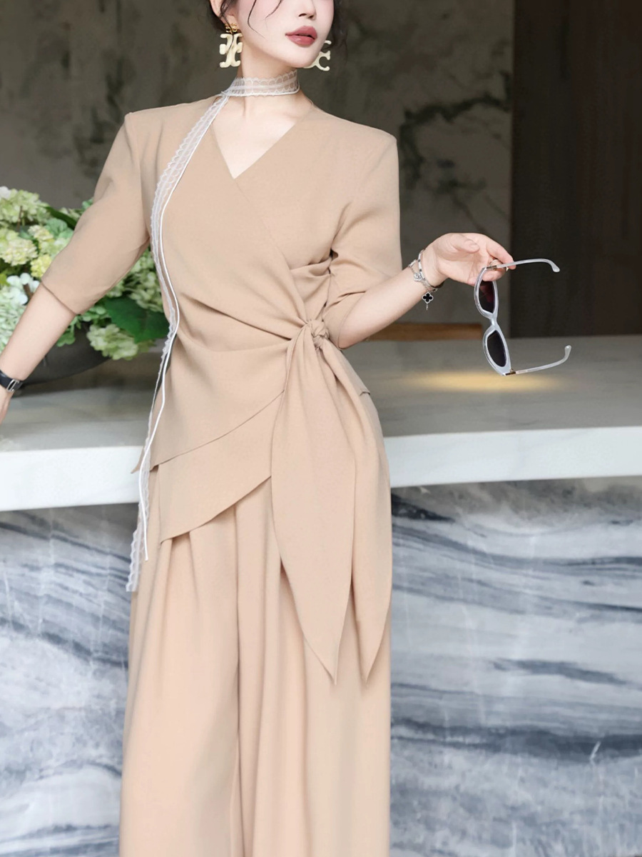 plus size women's summer new fashion suit women's chubby girl irregular waist strap wide leg pants two-piece 2590