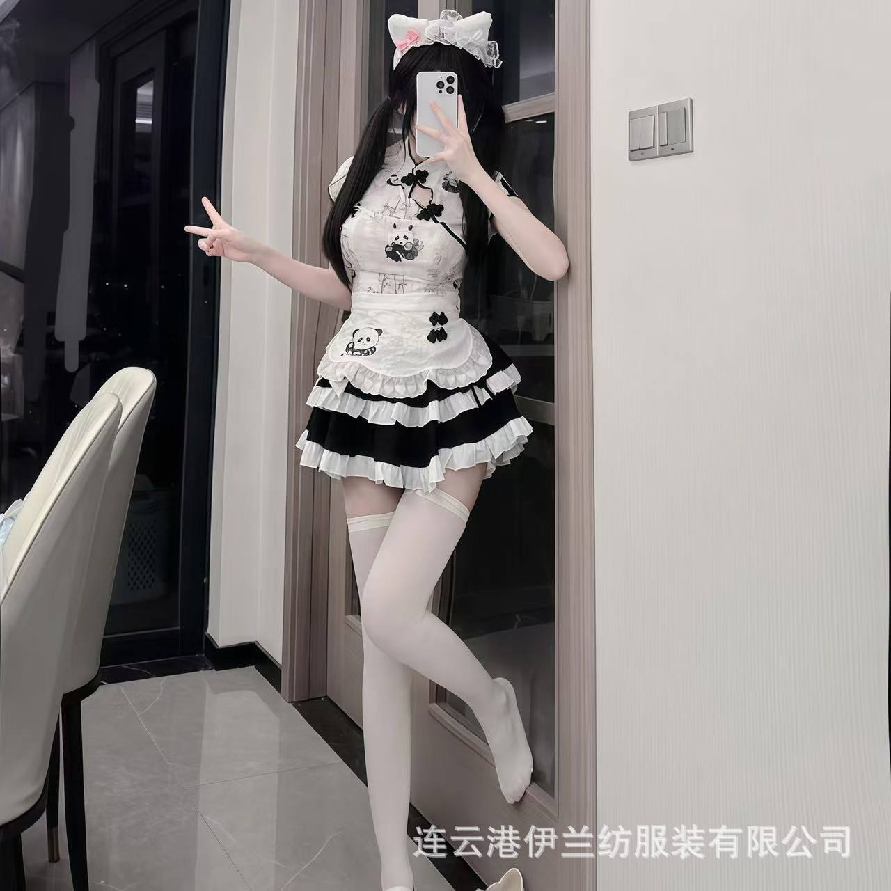 Cute Girl's New Chinese Style National Style Panda Printed Top High Waist Figure Flattering Puffy Cake Skirt Maid Apron suit