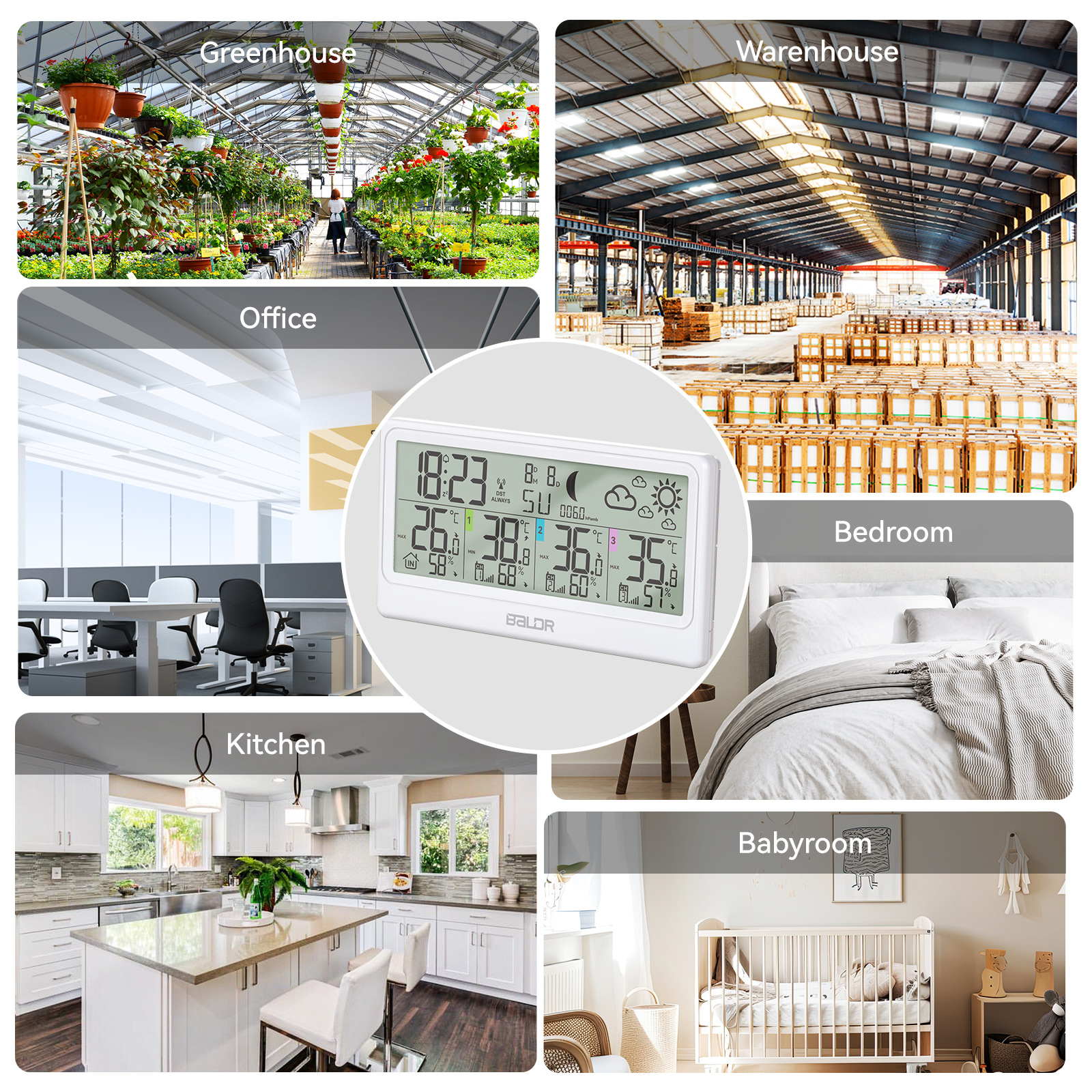 BALDR three-channel wireless temperature and humidity meter alarm clock moon phase pressure and other functions