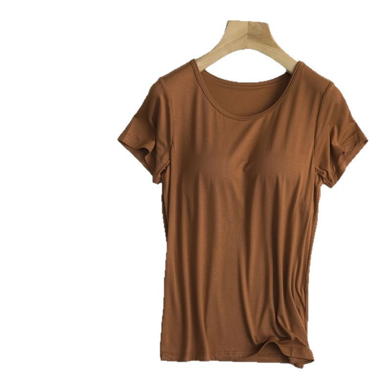 Modal Loose Large Size Short-Sleeved T-Shirt with Chest Pad for Women Bra-Free Cup All-In-One Half-Sleeved Yoga Base Wholesale