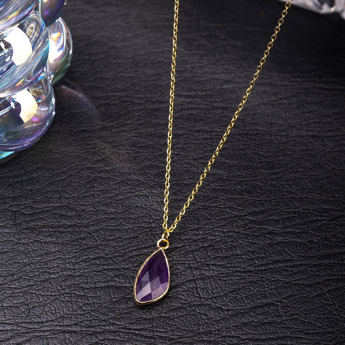 Zhuhang Jewelry Cross-Border Popular Natural Crystal Pendant Aventurine Amethyst Marquise Necklace Jewelry Factory Direct Sales