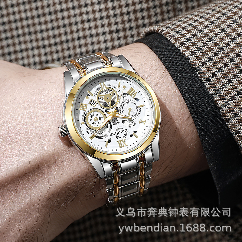 Cross-Border Foreign Trade Trendy High-End Light Luxury Versatile Fully Automatic Quartz Luminous Waterproof Roman Skeleton Men's Watch