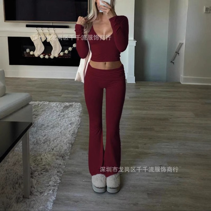 2024 Cross-border European and American Women's Clothing Amazon Leisure Sports Slim-fit Knitted Long-sleeved Pants Two-piece Suit
