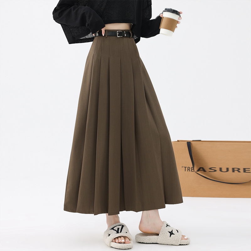 Skirt Women's Autumn and Winter High Waist Slim Pleated Skirt Belt Large Swing High Waist Suit Elegant and Fashionable Mid-Length Skirt