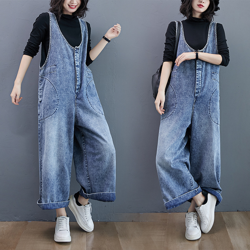 Свободные ретро комбинезоны, джинсовые, широкие брюки, комбинезон, длинные брюки