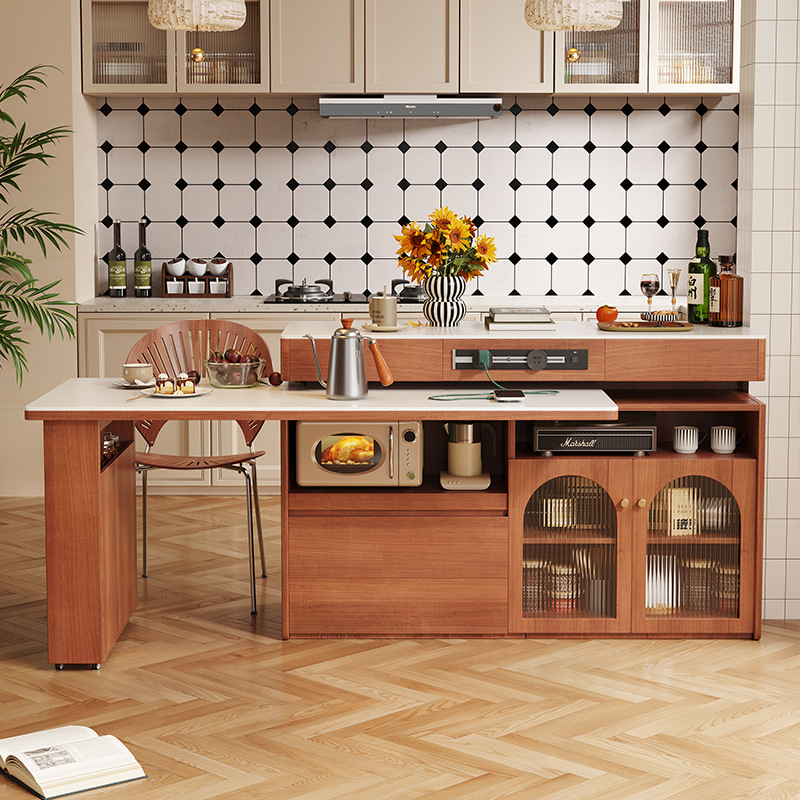 Nordic Small Apartment Solid Wooden Island Table Telescopic Dining Table Household Mid-ancient Style Rock Board Rotating Multifunctional Simple Bar Table