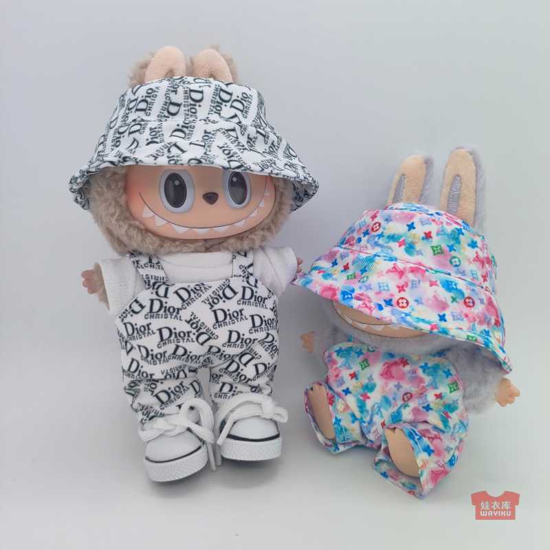 Labubu Doll Clothes, Fisherman Hat, Overalls, 17cm Macaron Sitting Pendant, First and Second Generation