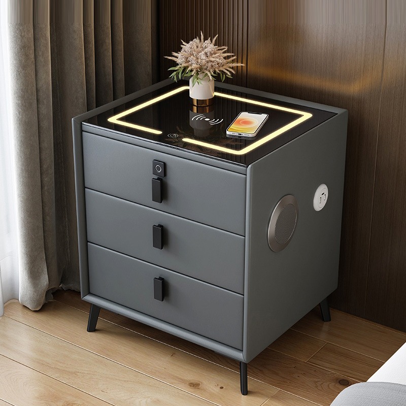 Full Solid Wood Three Drawer Bedside Table Smart Light Luxury Simple Smart Wireless Charging Bedroom Small Leather Full Set