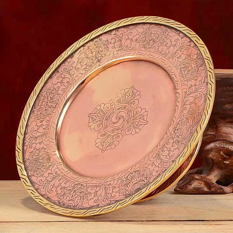 Nepal Pure Copper Manza Plate Handmade Carved Manza Tea Luo Xizang-style Eight Auspicious Manda Plate Full Set Buddha-offering Tray