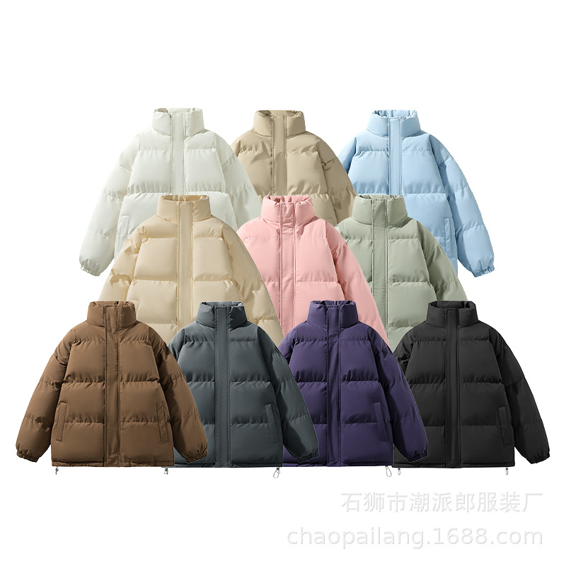 Зимняя утолщенная хлопковая куртка для мужчин, свободное хлопковое пальто, модная куртка с воротником-стойкой, парная пуховик, однотонный универсальный верх, хлопковое пальто