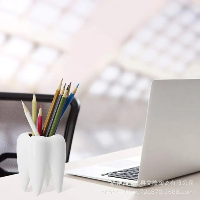 Nordic Ins Style Creative Funny Ceramic Pen Storage Decorative Ornaments Tooth Shape Toothbrush Cup Sundries Storage Flower Pot