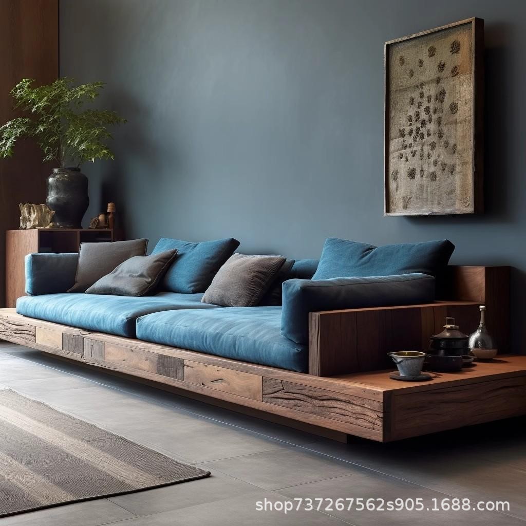 Quiet Style Old Elm Wood Sofa Household Straight Row Sofa Bed Living Room Solid Wood Sofa Chair Rohan Bed Sofa with Drawer