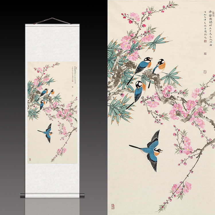 Famous Chinese Painting scroll Painting Silk Calligraphy and Painting Study Room Decoration Lucky Flower and Bird Painting Early Spring Beautiful Peach Blossom Four Happiness