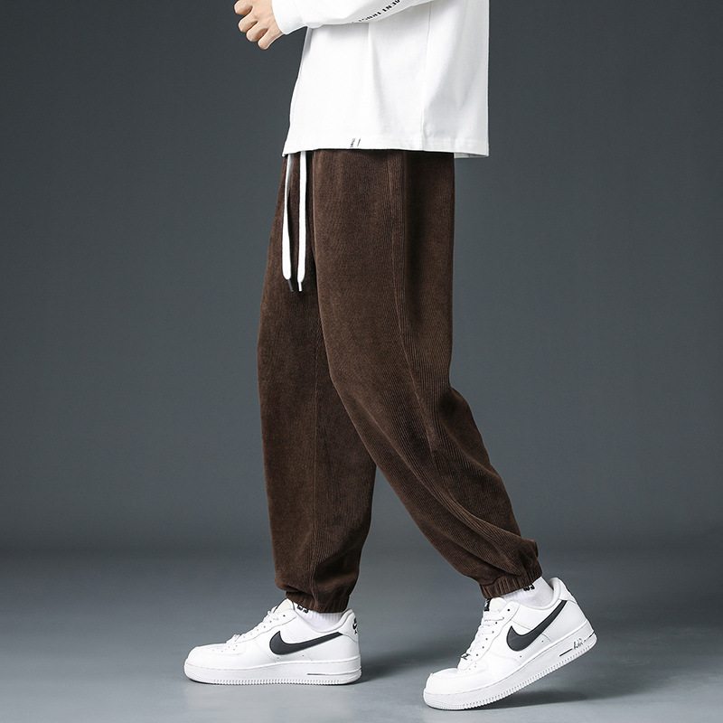Corduroy ankle-tied fleece-lined sweatpants men's autumn new fashion brand loose draping wide-leg casual autumn and winter men's pants