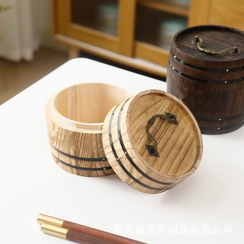Retro Wooden Tea Barrel, Simple Heaven and Earth Cover, Coffee Bean Powder Storage Barrel, Convenient Small Green Orange Tea Storage Barrel