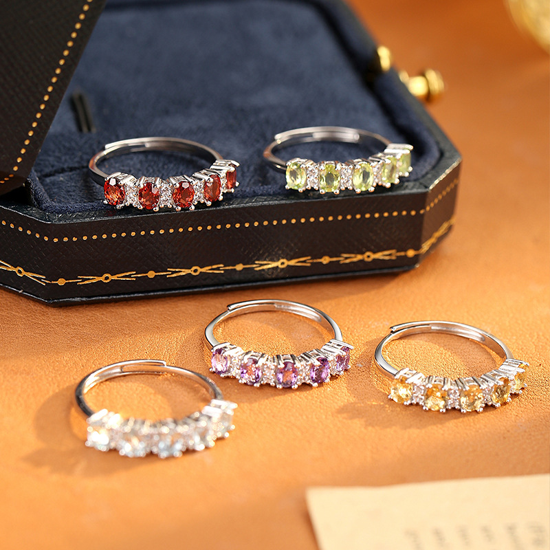 European and American Cross-Border S925 Silver Ring Women's Natural Crystal Stone High-End Jewelry Niche Accessible Luxury Open Ring Wholesale