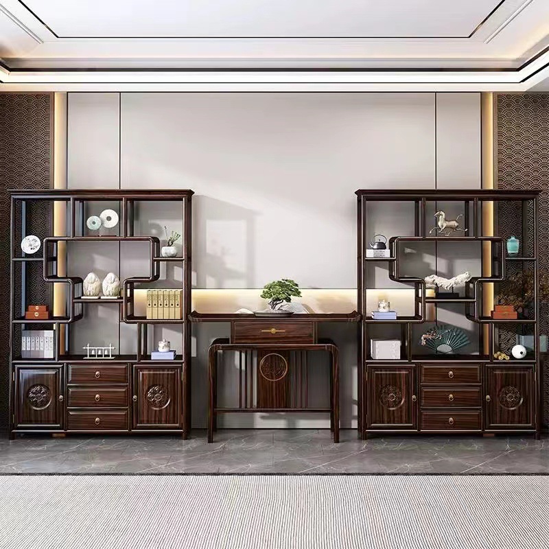 New Chinese Style Ebony All Solid Wood Antique Rack Living Room Hallway Duobaoge Tea Display Cabinet Zen Villa Tea Room