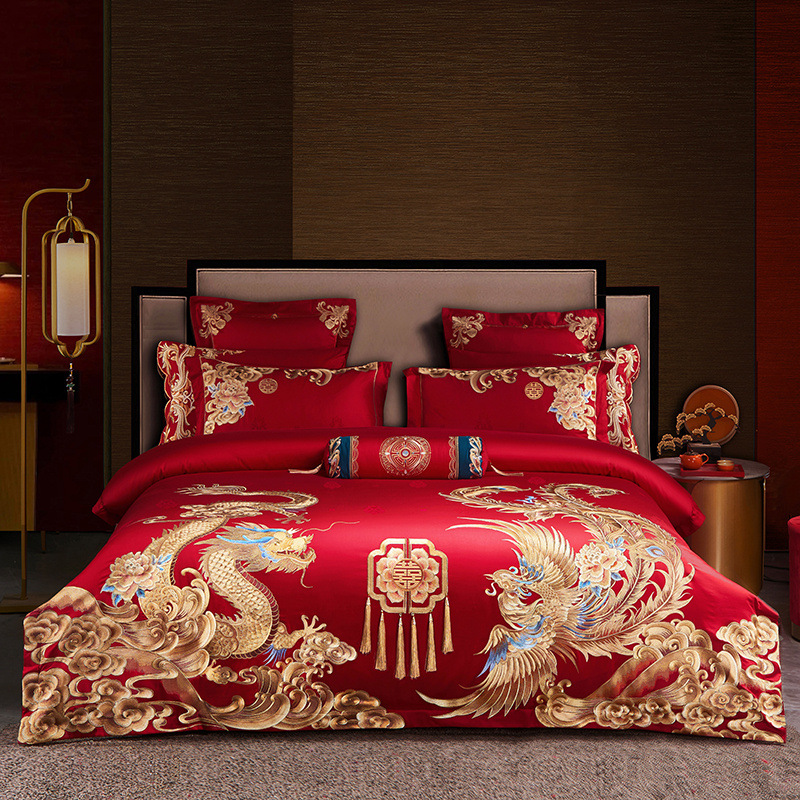 Long-staple cotton 120 wedding four-piece set red embroidery dragon and phoenix wedding escort six-piece set Chinese luxury cotton
