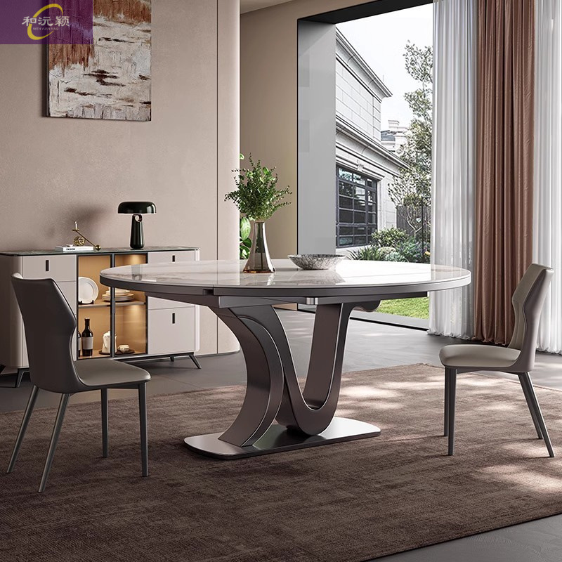 Telescopic folding rock plate dining table with induction cooker square and round dual-purpose designer household small apartment modern light luxury round table