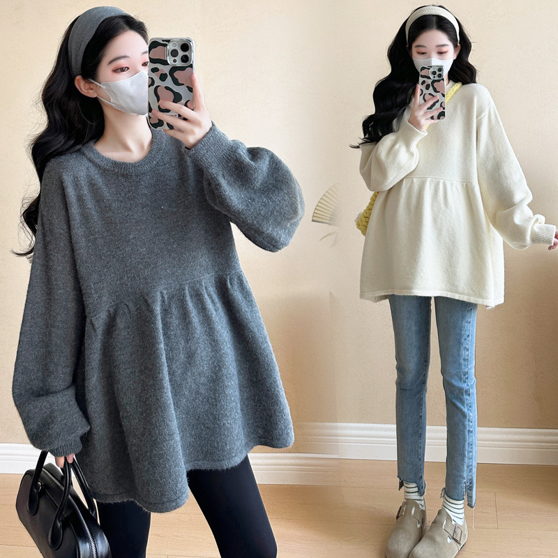 Real shot in stock 2024 pregnant women's top loose belly sweater knitted pullover top