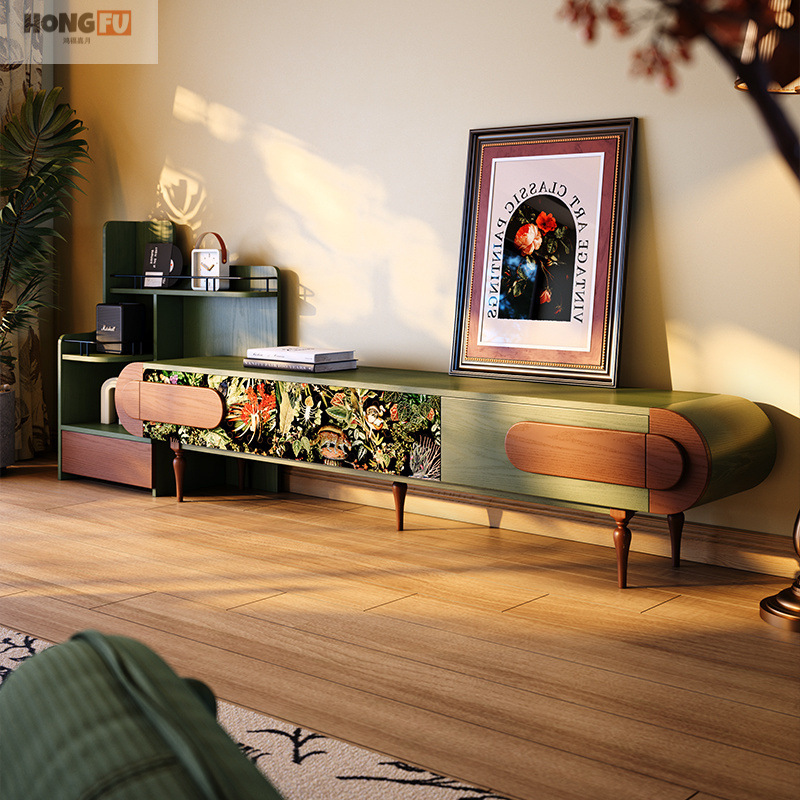 French Retro Solid Wood Tv Cabinet Floor-Standing Small Apartment Living Room Antique Style Combination Ash Wood Floor Cabinet Complete Set