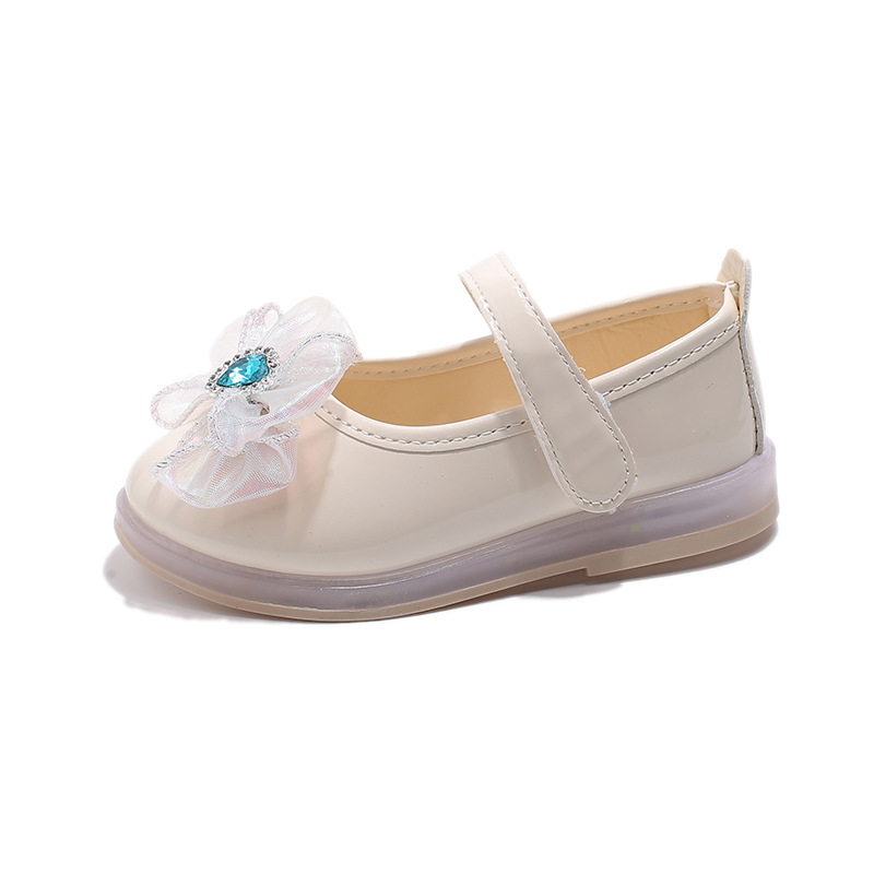 2025 Spring New Girls Princess Shoes Bow Rhinestone Lighting Shoes Princess Leather Shoes Girls Shoes