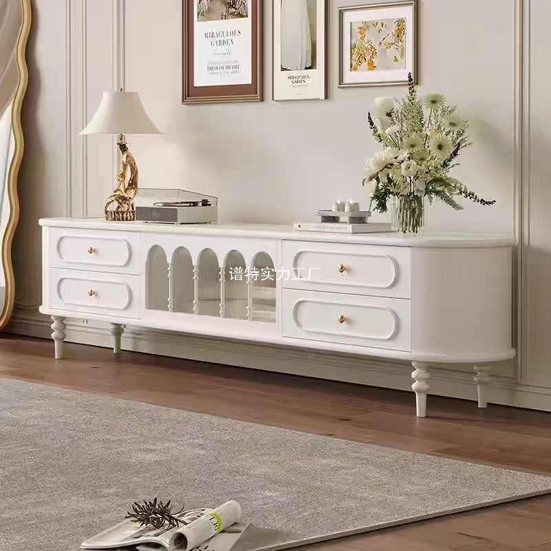 French Style Solid Wood TV Cabinet Living Room Household Cream Style TV Cabinet Locker Integrated American Style Retro White Cabinet