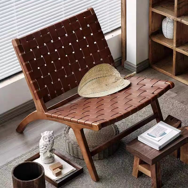 Saddle Leather Chair Solid Wood Retro Leisure Lazy Chair Simple Rope Backrest Internet Celebrity Adult Log Lounge Chair Sofa Chair