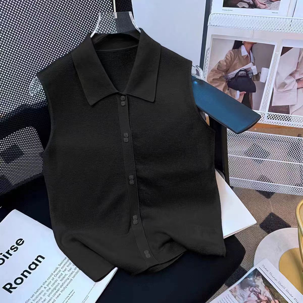 [Stacking Companion] Casual and Versatile New Sleeveless Knitted Lapel Inner Layering Cotton Vest