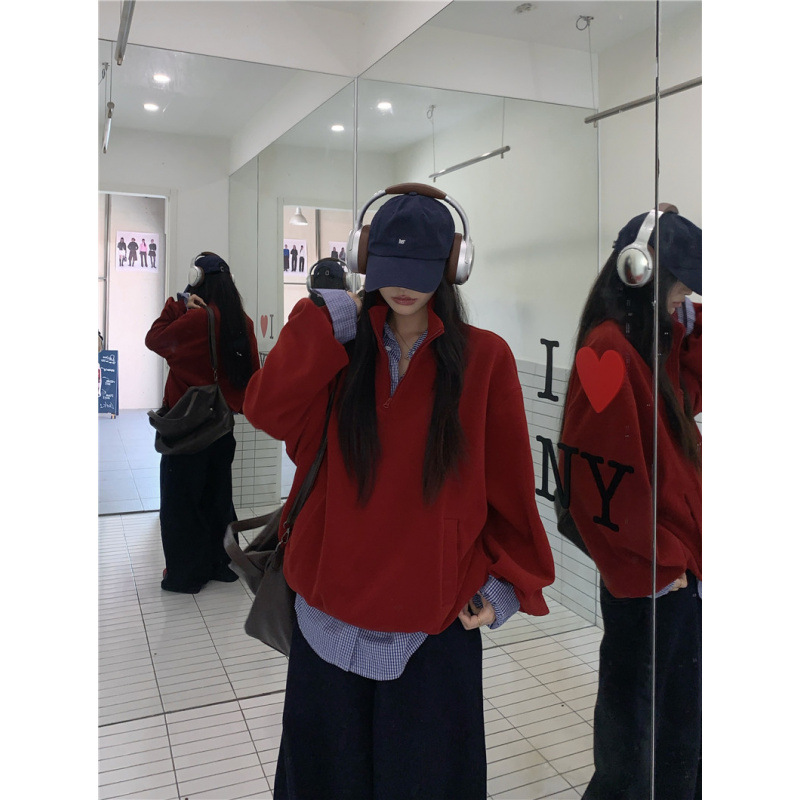 Real shot real price minimalist heavyweight half zipper stand collar loose thick thin all-match pullover sweater