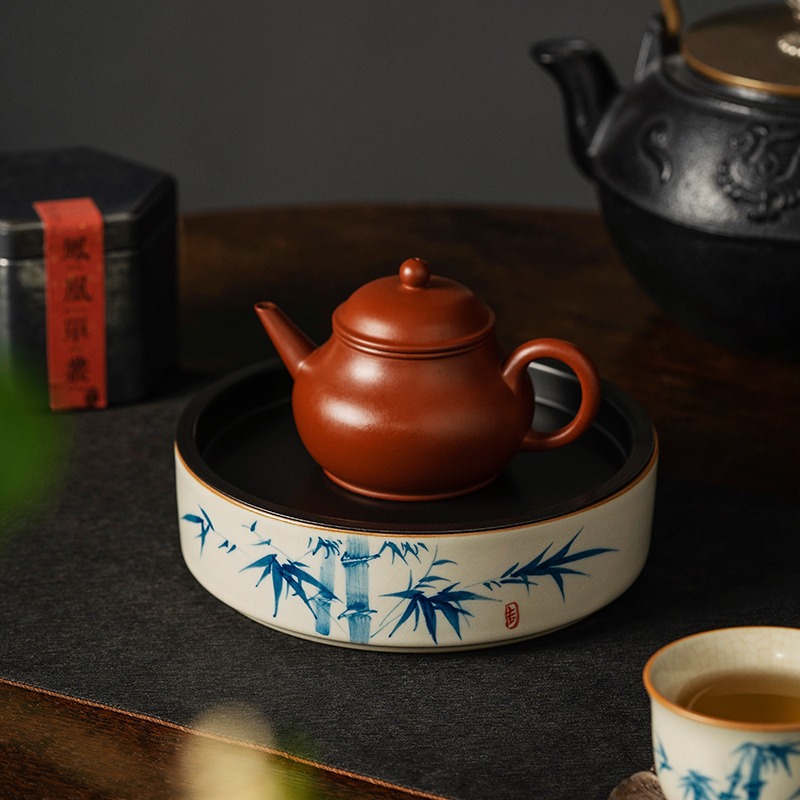 Ru Kiln Hand-painted Pot with Open Pieces and Water-raising Storage Type Dry Soaking Table High-end Kung Fu Tea Set Accessories Pot with Tea Bearing and Zero Matching