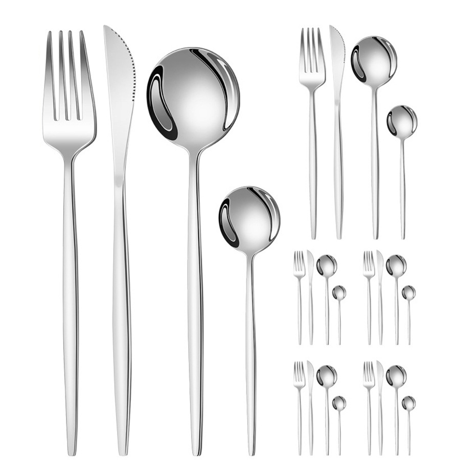 Cross-Border Handle Portuguese Stainless Steel Knife, Fork and Spoon Tableware Four-Piece Set 24Pcs Dessert Spoon Fork Steak Knife