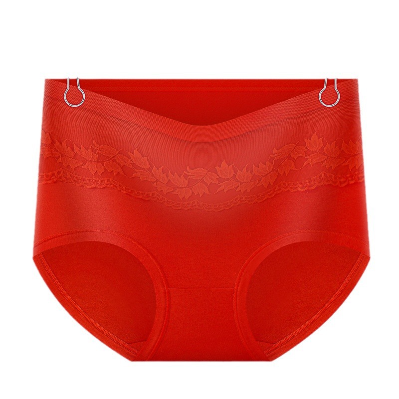 Benmingnian Red Underwear Women's High Waist Cotton Breathable Sexy Lace Briefs Cross-border Live