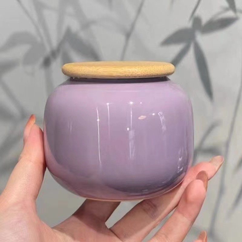 Mini small size bamboo cover ceramic tea jar color glaze candy sealed jar retro small tea jar food storage jar gift box