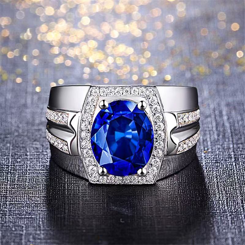 Hot Sold to Diamond Blue Diamond Men's Ring Myanmar Imitation Natural Sapphire Ring Plating 18K Gold Inlay Popular Ring