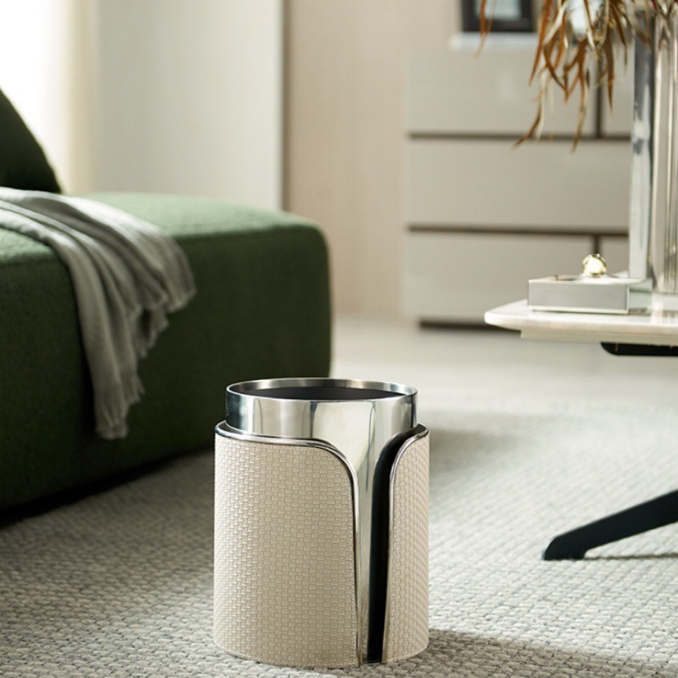 Light Luxury Leather Trash Bin Home Living Room Kitchen Large Capacity Lipless Trash Bin High-end Office Waste Paper Bin