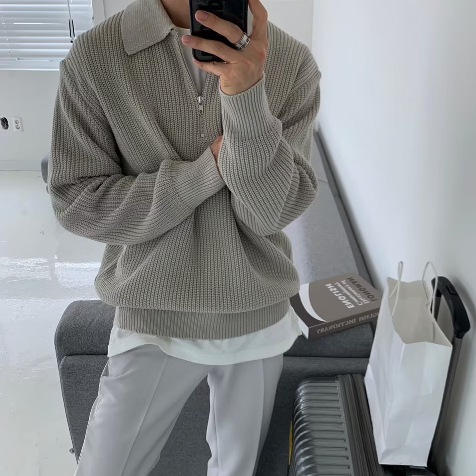 Half zipper sweater men's autumn and winter Japanese retro high-grade lazy style lapel sweater loose casual sweater