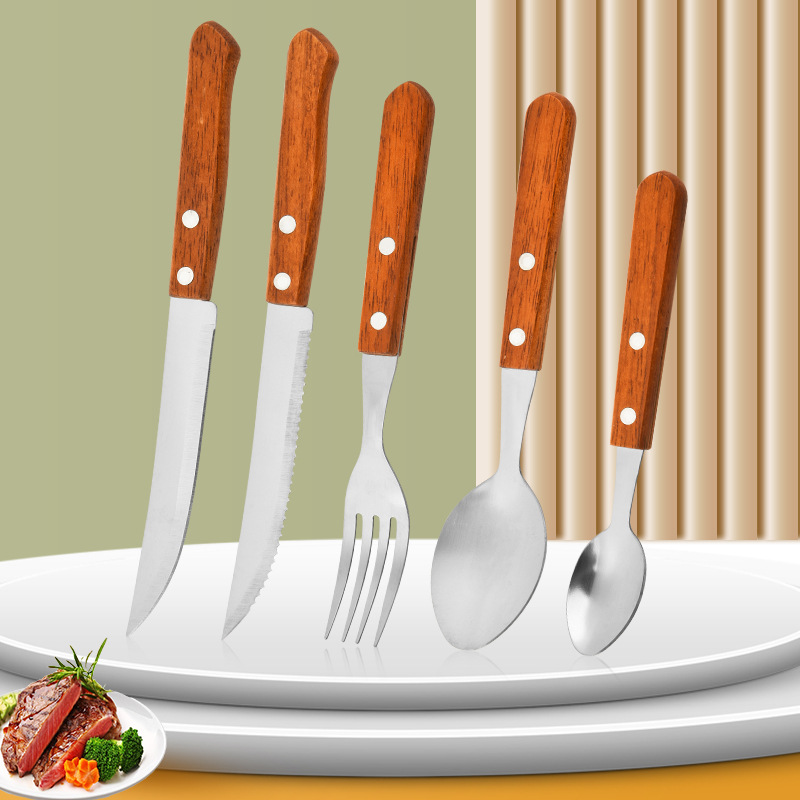 Stainless Steel Western-Style Knife, Fork and Spoon, Steak Knife, Fork and Spoon Set, Wooden Handle Tableware Set, Four-Piece Set, Cross-Border Hot Model Recommendation