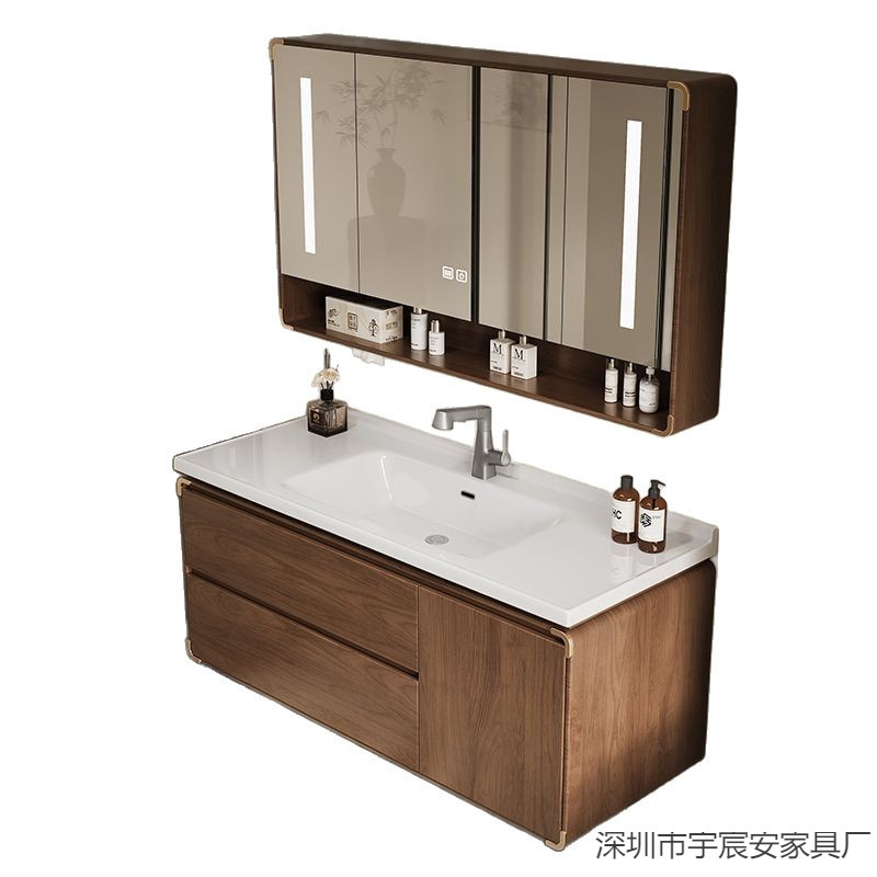 New Chinese Style Oak Bathroom Cabinet Ebony Wood Wash Basin Combination Ceramic Integrated Basin Bathroom Washstand