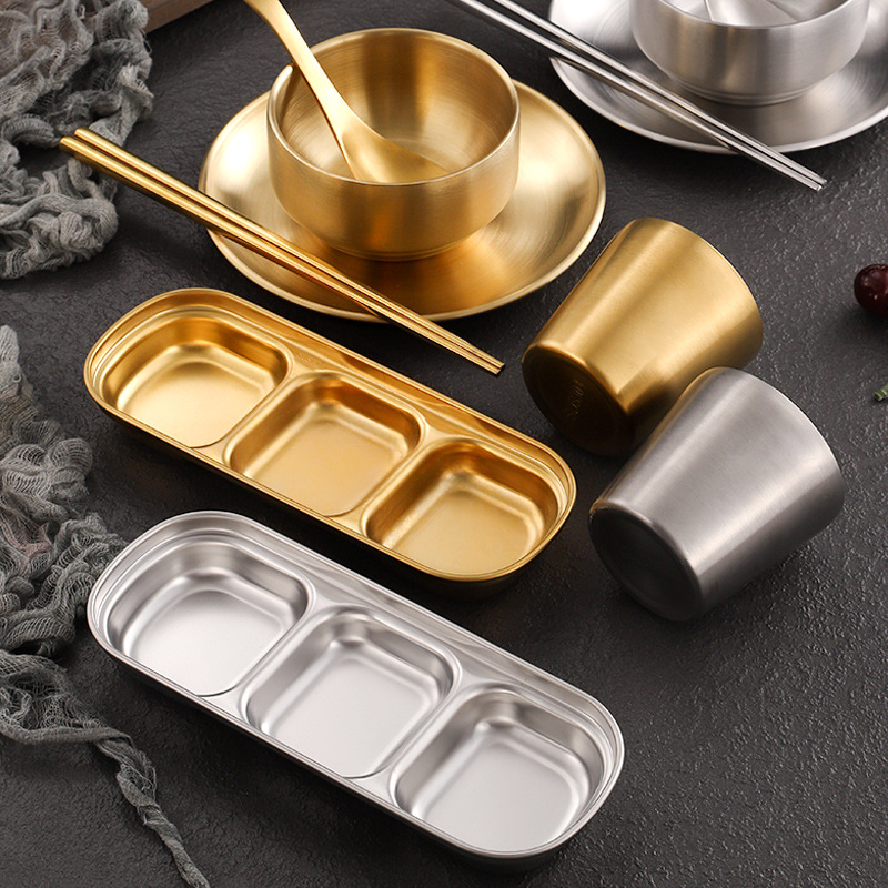 Directly Supplied Korean 304 Stainless Steel Dish Set, Golden Disc Cup, Dipping Saucer, Chopsticks and Spoon, Commercial Barbecue Restaurant Tableware